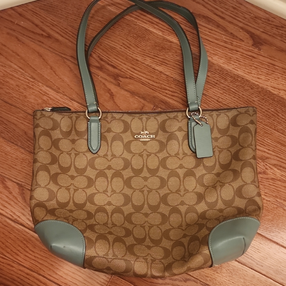 Coach Brown and Green Monogram Tote